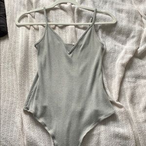 Grey, ribbed material thong bodysuit